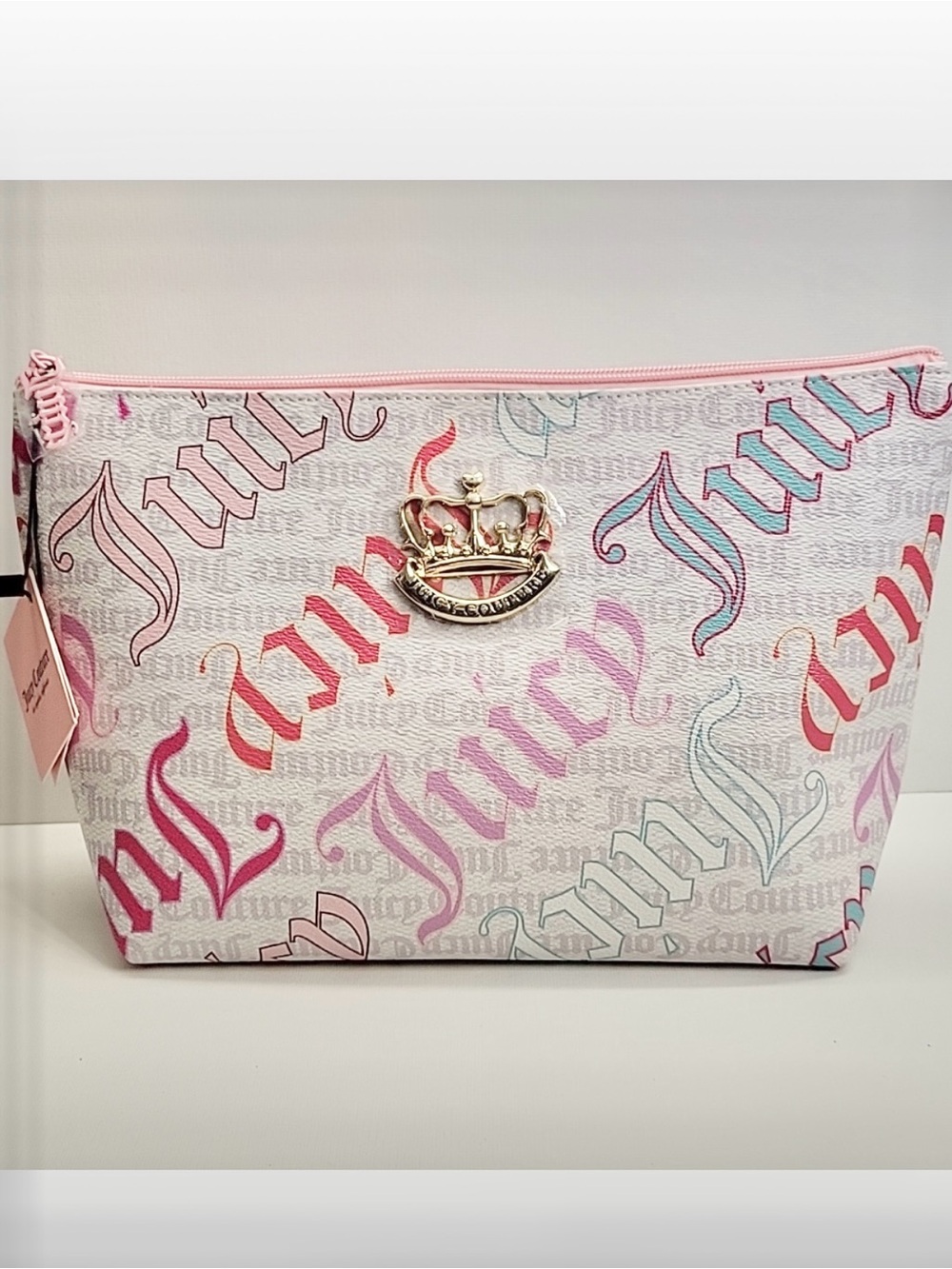 NWT Juicy Couture Pastel Script Cosmetic Pouch with Gold Crown Accent